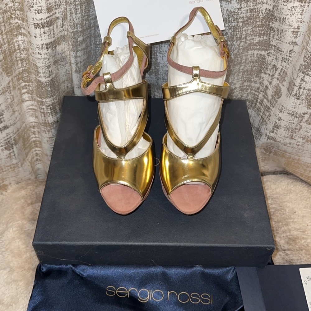 Sergio Rossi Gold Metallic Strappy Color Block Platform Sandals EU Size 40
